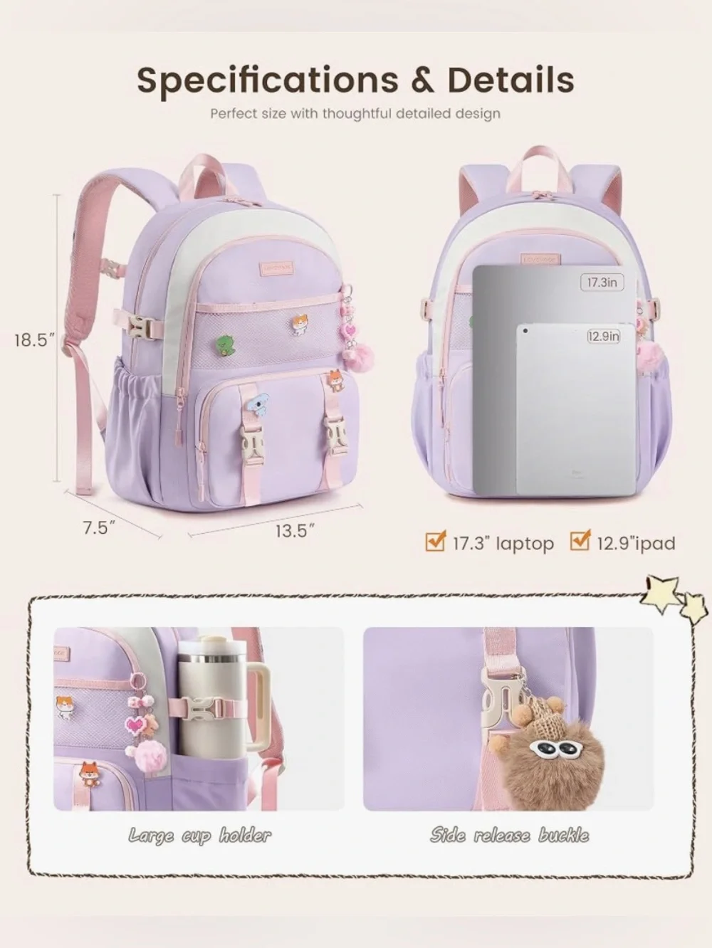 Girls Backpack Fits 17” Laptop & 40 oz Tumbler - cream, pink & purple
